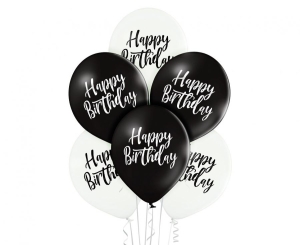 Balony Belbal 12 cali D11 "Happy Birthday" biało-czarne 6szt.