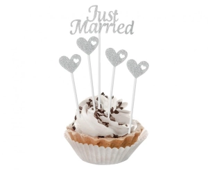 Pikery papierowe W&C Just Married srebrne brokatowe 5 szt