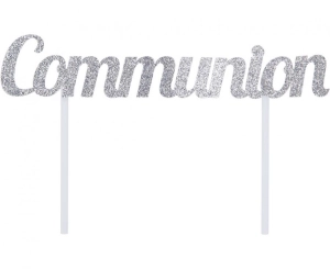 Brokatowa dekoracja na tort Communion srebrna
