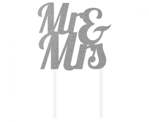 Dekoracja na tort Mr & Mrs srebrna 1 szt