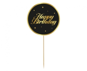 Dekoracja pap. na tort B&G Party - Happy Birthday czarna gwiazdki 10 cm