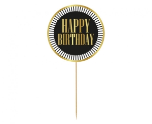 Dekoracja pap. na tort B&G Party - Happy Birthday czarna paski 10 cm