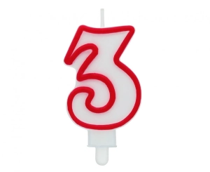 Świeczka cyferka "3" czerwony kontur 8 cm