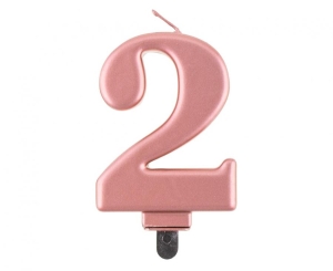Świeczka cyferka 2 metalik różowo-złota 8 cm
