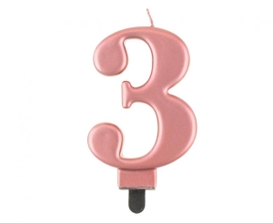 Świeczka cyferka 3 metalik różowo-złota 8 cm