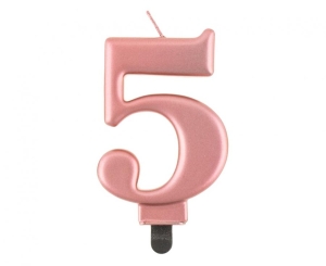 Świeczka cyferka 5 metalik różowo-złota 8 cm