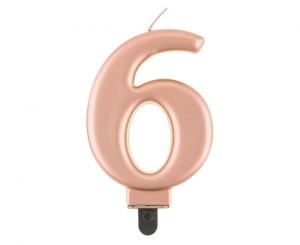 Świeczka cyferka 6 metalik różowo-złota 8 cm