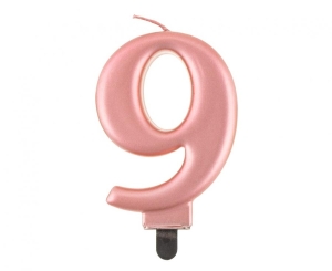 Świeczka cyferka 9 metalik różowo-złota 8 cm