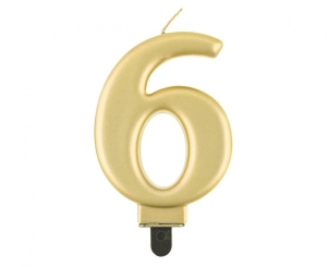 Świeczka cyferka 6 metalik złota 8 cm