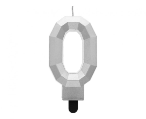 Świeczka cyferka 0 - Diament metalik srebrny 7.6 cm