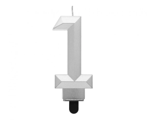 Świeczka cyferka 1 - Diament metalik srebrny 7.6 cm