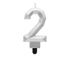 Świeczka cyferka 2 - Diament metalik srebrny 7.6 cm