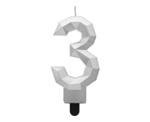 Świeczka cyferka 3 - Diament metalik srebrny 7.6 cm