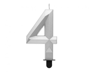 Świeczka cyferka 4 - Diament metalik srebrny 7.6 cm