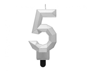 Świeczka cyferka 5 - Diament metalik srebrny 7.6 cm