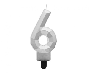 Świeczka cyferka 6 - Diament metalik srebrny 7.6 cm