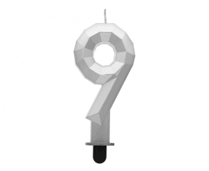 Świeczka cyferka 9 - Diament metalik srebrny 7.6 cm
