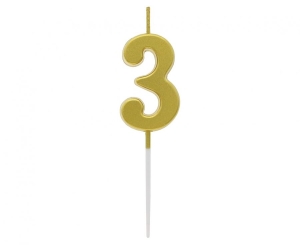 Świeczka piker cyferka 3 metaliczna złota 4x2.3 cm
