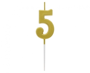 Świeczka piker cyferka 5 metaliczna złota 4x2.3 cm