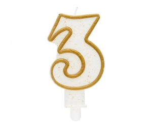 Świeczka cyferka "3" złoty kontur 8 cm
