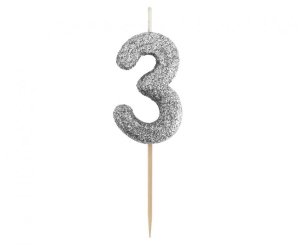 Świeczka piker cyferka 3 czarna NOWY BIO BROKAT 11x3.5 cm