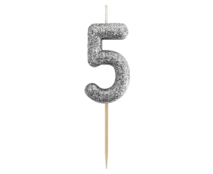 Świeczka piker cyferka 5 czarna NOWY BIO BROKAT 11x3.5 cm