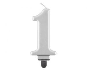 Świeczka cyferka 1 metalik srebrna 8 cm