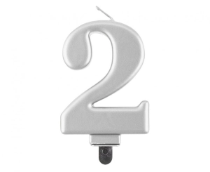 Świeczka cyferka 2 metalik srebrna 8 cm