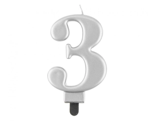 Świeczka cyferka 3 metalik srebrna 8 cm