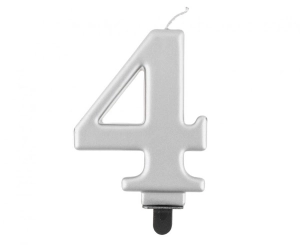 Świeczka cyferka 4 metalik srebrna 8 cm