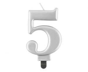 Świeczka cyferka 5 metalik srebrna 8 cm