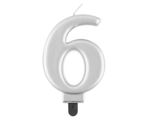 Świeczka cyferka 6 metalik srebrna 8 cm