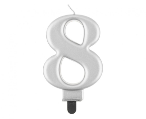 Świeczka cyferka 8 metalik srebrna 8 cm
