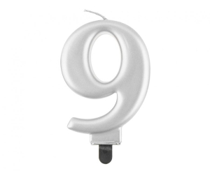 Świeczka cyferka 9 metalik srebrna 8 cm