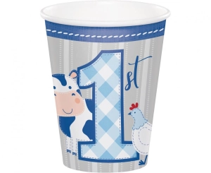 Kubeczki papierowe Farmhouse Pierwsze urodziny niebieskie 266 ml 8 szt