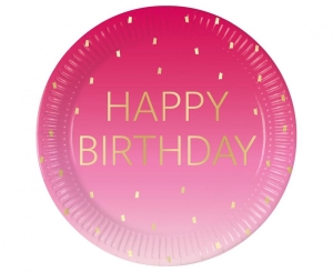 Talerzyki papierowe Pink Happy Birthday 23 cm 8 szt