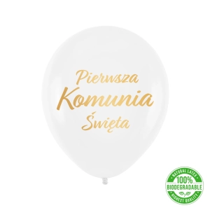 Balony komunijne biodegradowalne Pierwsza Komunia Święta biało-złote 12cali 100szt.