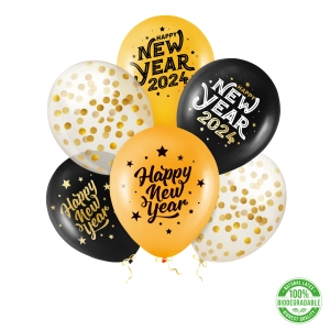 Balony Happy New Year 2024 biodegradowalne zestaw 12cali 6szt.
