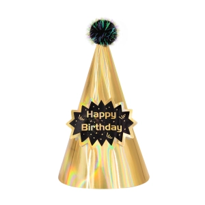 Czapeczka urodzinowa z pomponem Happy Birthday złota 1szt.