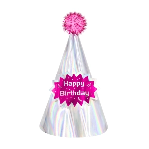 Czapeczka urodzinowa z pomponem Happy Birthday srebrna 1szt.